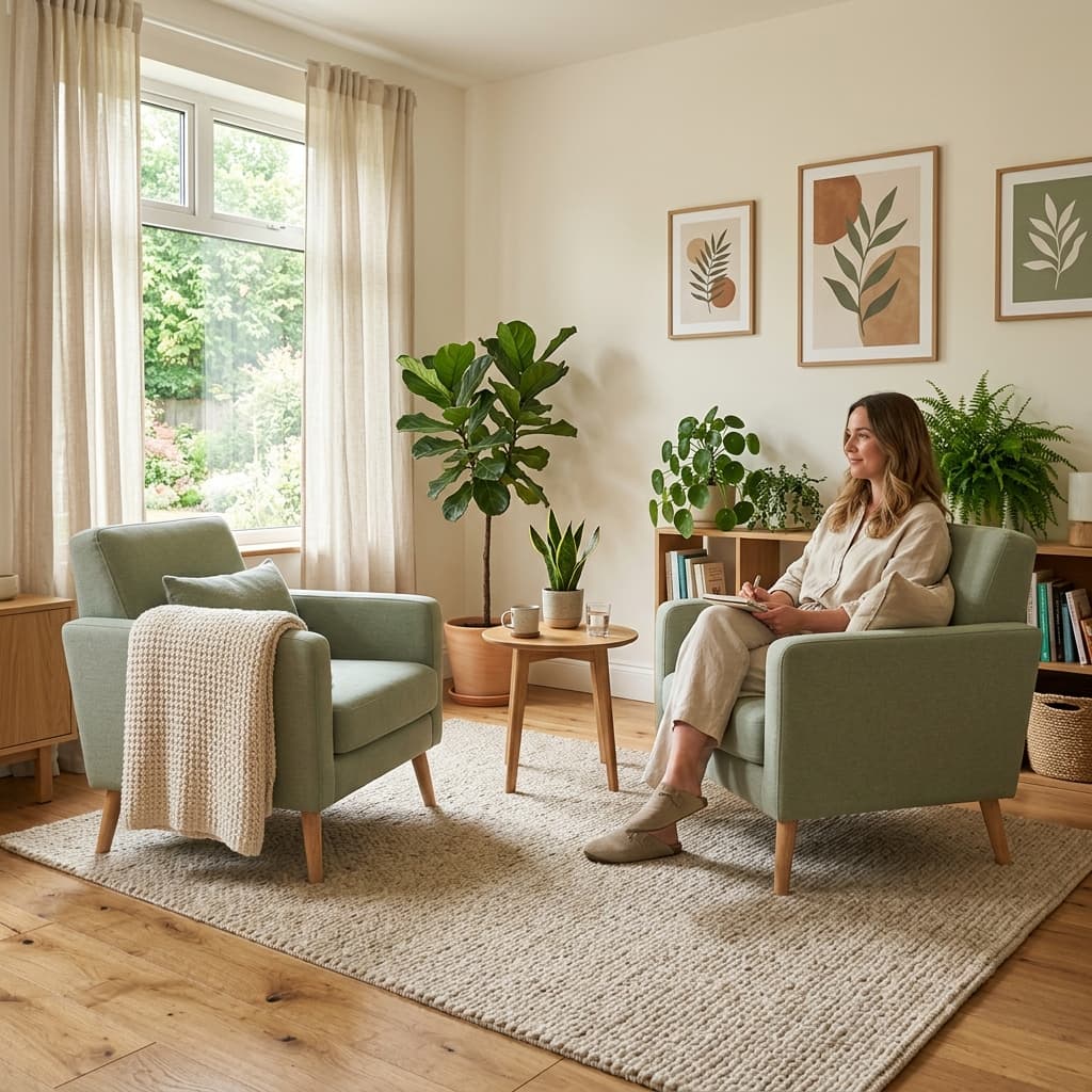 A calm, soothing therapy room with natural light and plants
