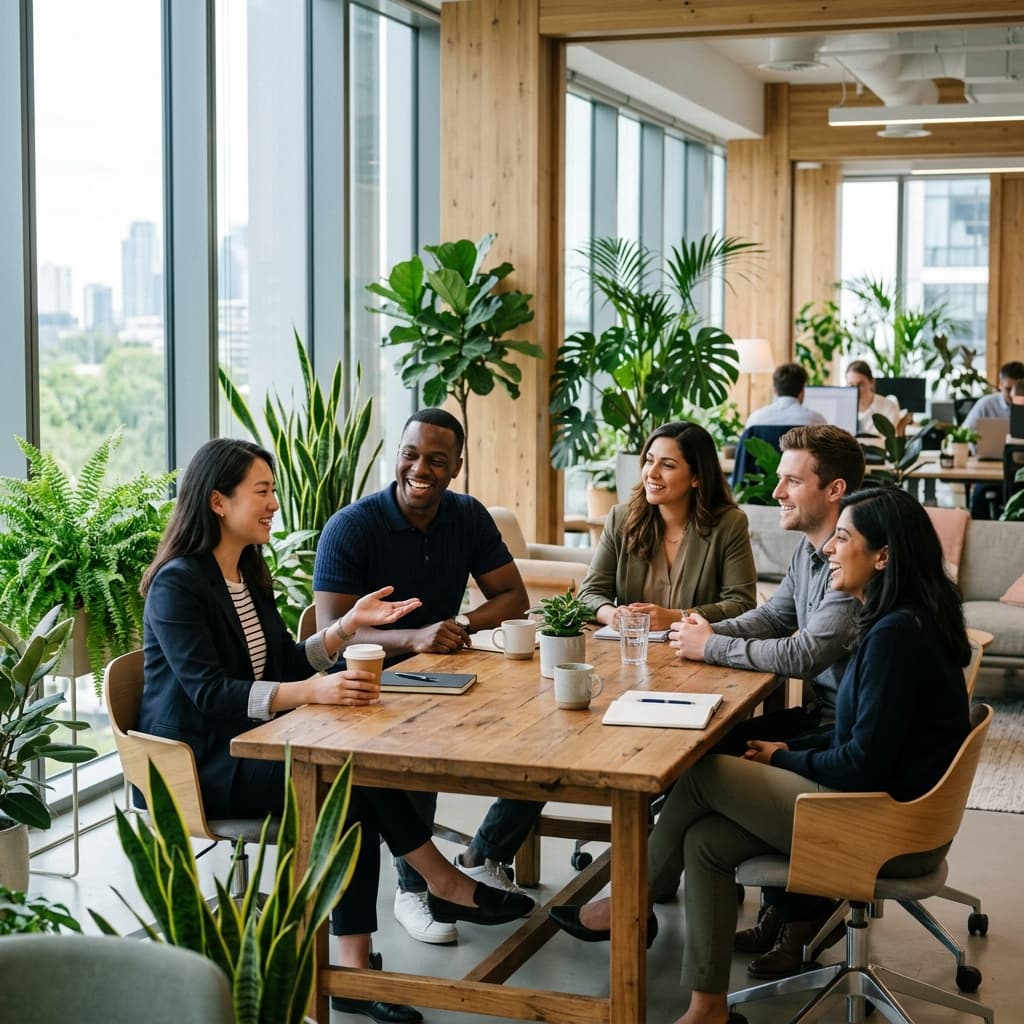 Diverse professionals in a bright modern office having a positive conversation